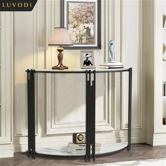 LUVODI Halvmåne Konsolbord – Sintersten & Metall – 100×78 cm – Vit & Svart