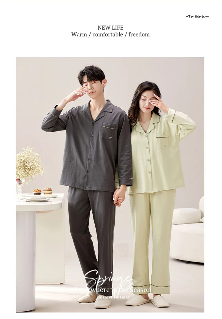 100% Bomull Parpyjamas – Höst/Vinter – Långärmad & Lös Passform – Koreansk Stil