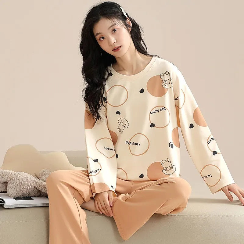 🛌 100% Kammad Bomull Pyjamas för Kvinnor – Höst/Vinter – Söt Tecknad Design – Långärmad & Långbyxor