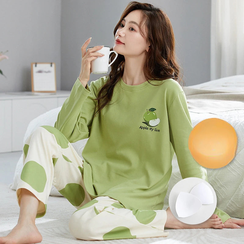 🌸 Koreansk Pyjamas för Kvinnor – Blommigt Tryck – Bomullsblandning med Korsett – Långärmad & Långbyxor