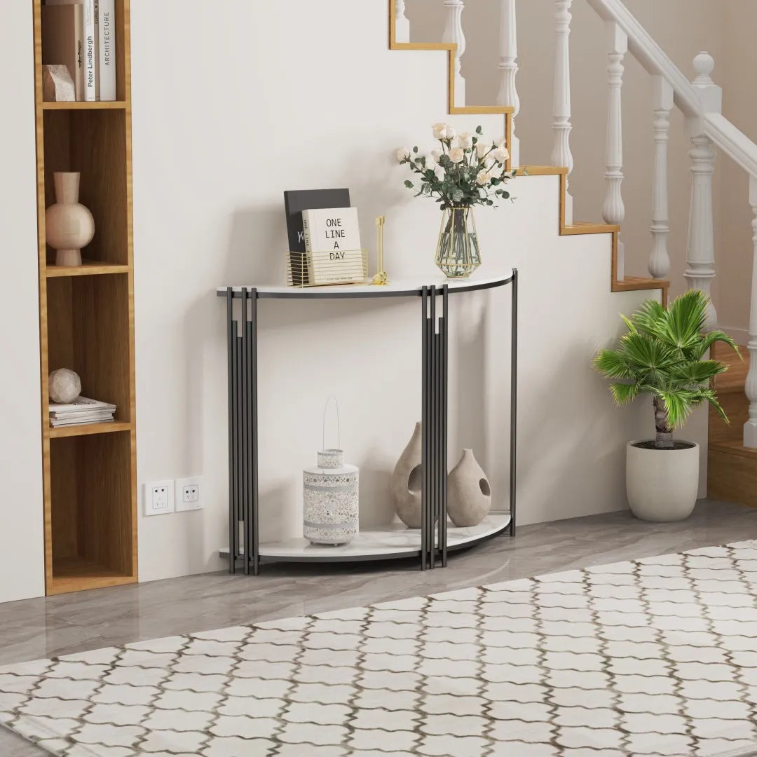 LUVODI Halvmåne Konsolbord – Sintersten & Metall – 100×78 cm – Vit & Svart