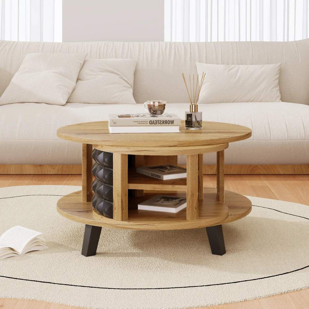 Roterbart Soffbord 2-i-1 – Med Dold Hylla – Modern Design i Trä & Svart – 85.2×80×45.2 cm