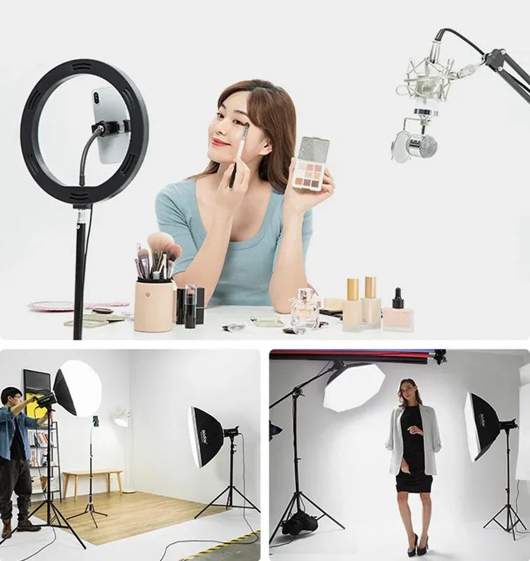LED Ringljus med Stativ – 16/26/30 cm – USB – 10 Ljuslägen – För Makeup & Video