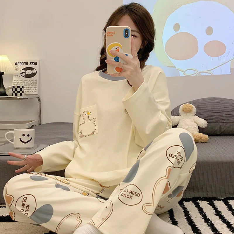 🛌 100% Kammad Bomull Pyjamas för Kvinnor – Höst/Vinter – Söt Tecknad Design – Långärmad & Långbyxor