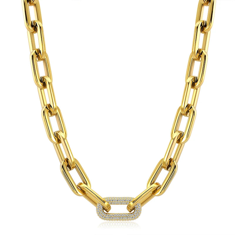 Tjock Länk-Kedjehalsband med Kristaller – 316L Rostfritt Stål – Guld & Silver – Unisex Hiphop Stil