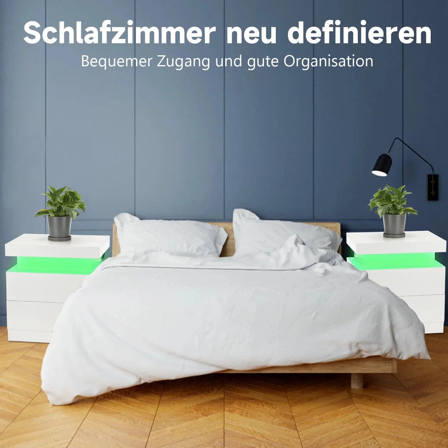 Vitt sängbord med 2 lådor + toppfack – Högglans på alla sidor, RGB LED-belysning, 55 cm