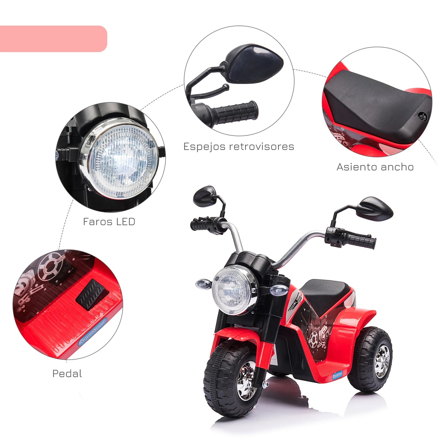 đ” HOMCOM Elektrisk Trehjulig Motorcykel för Barn â 6V â Med StrĂ„lkastare & Tuta â 18â36 MĂ„nader