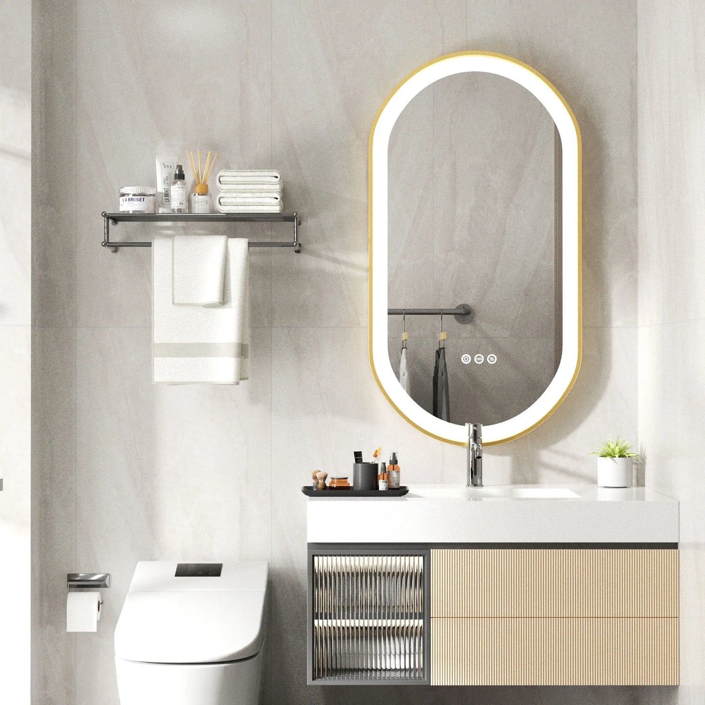 đĄ Oval LED Badrumsspegel 48" â Dimbart Ljussystem, Imfri & Minnesfunktion | VĂ€ggmonterad med Ram