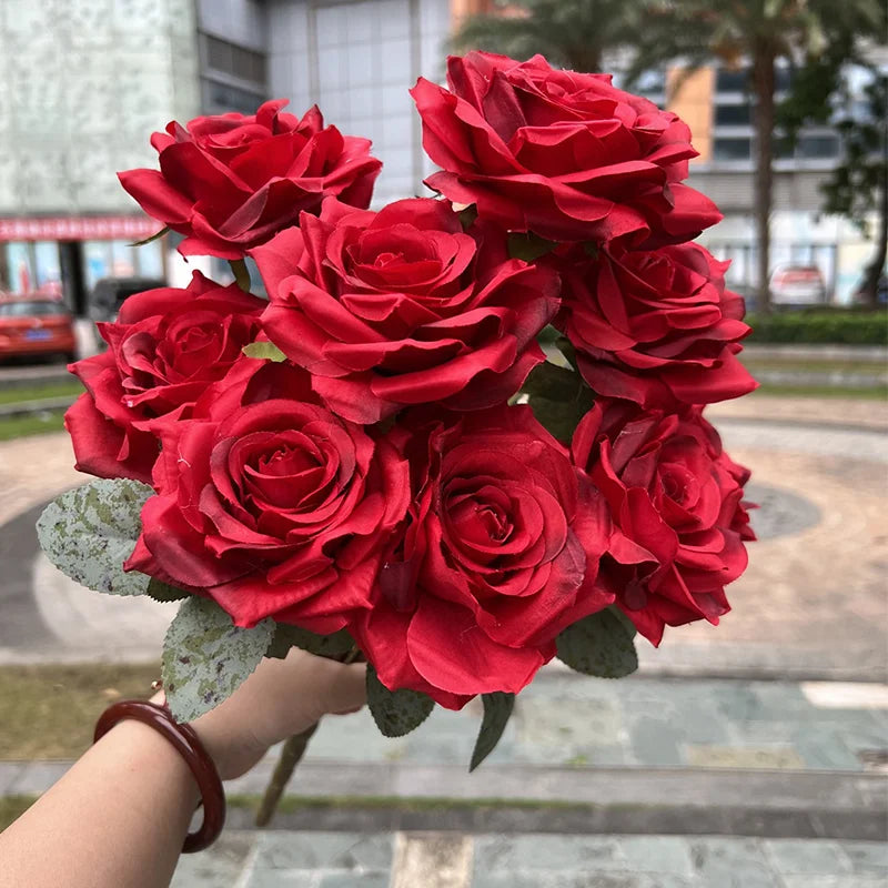 đč Rosbukett med Diamantrosor â 9 Blommor â 50 cm â Silkesblommor för Bröllop & Dekor