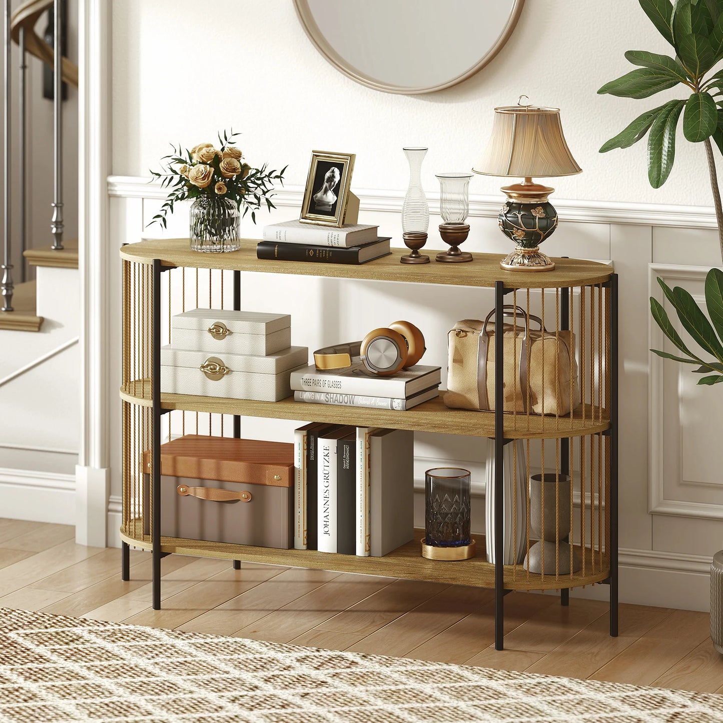 HOMCOM Konsolbord – Bohemisk Design med Handflätade Sidor & 3 Hyllplan