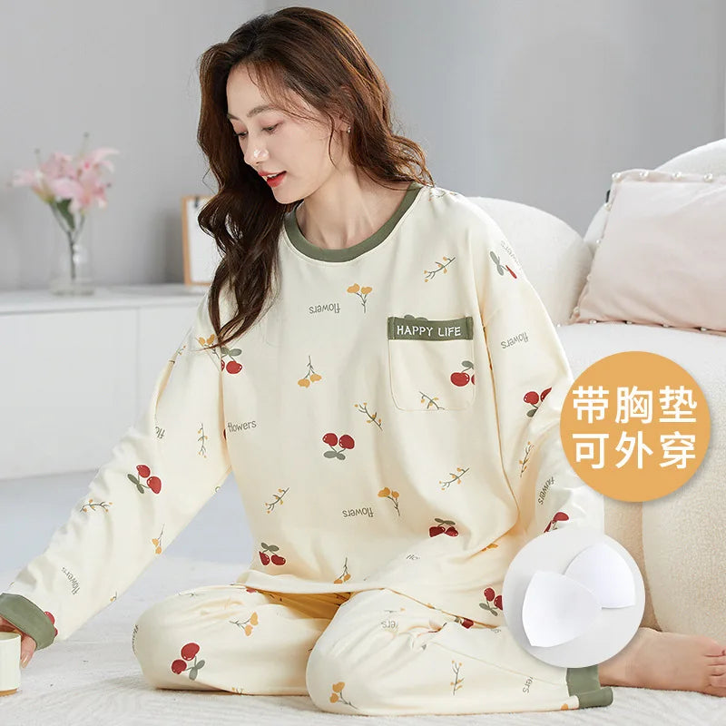 🌸 Koreansk Pyjamas för Kvinnor – Blommigt Tryck – Bomullsblandning med Korsett – Långärmad & Långbyxor