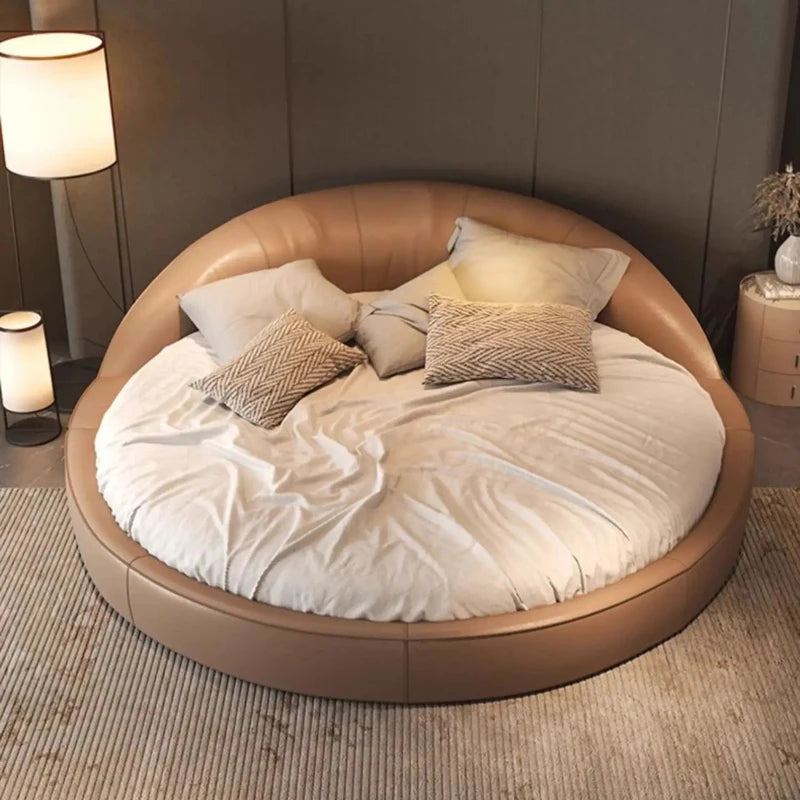 Rund Säng i Äkta Läder – Elegant Minimalistisk Design | Princess Cream Wind | 180/200 cm | Lyxig Bröllopssäng