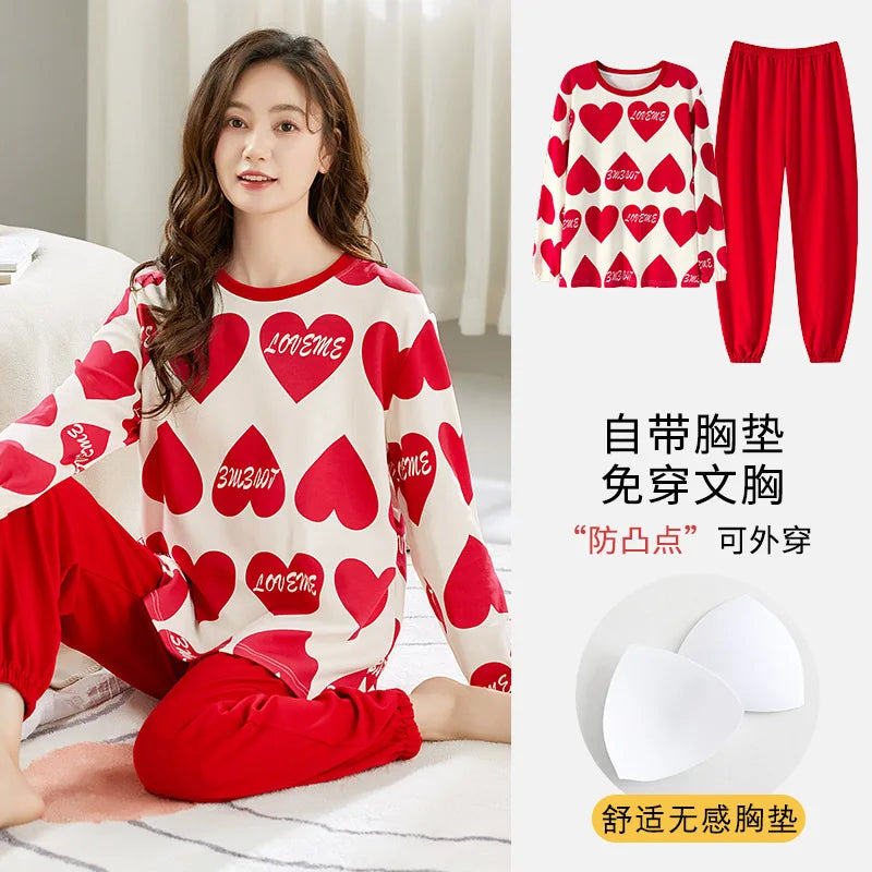 🌸 Koreansk Pyjamas för Kvinnor – Blommigt Tryck – Bomullsblandning med Korsett – Långärmad & Långbyxor