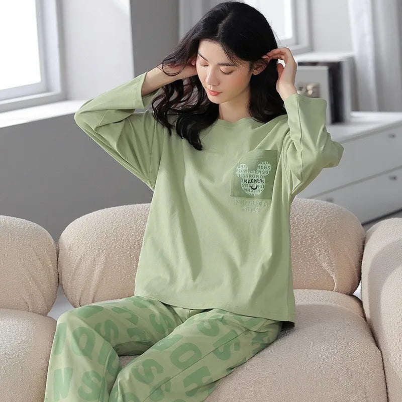 🛌 100% Kammad Bomull Pyjamas för Kvinnor – Höst/Vinter – Söt Tecknad Design – Långärmad & Långbyxor