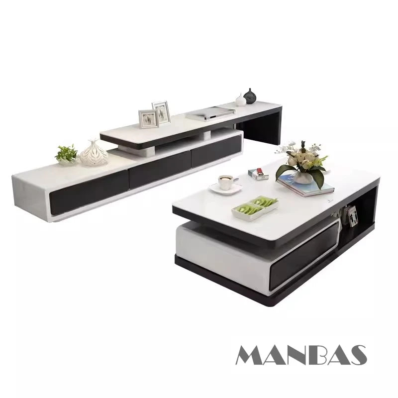 MANBAS TV-bänk & Smart Soffbord – Glansig Vit/Svart Design för Vardagsrummet