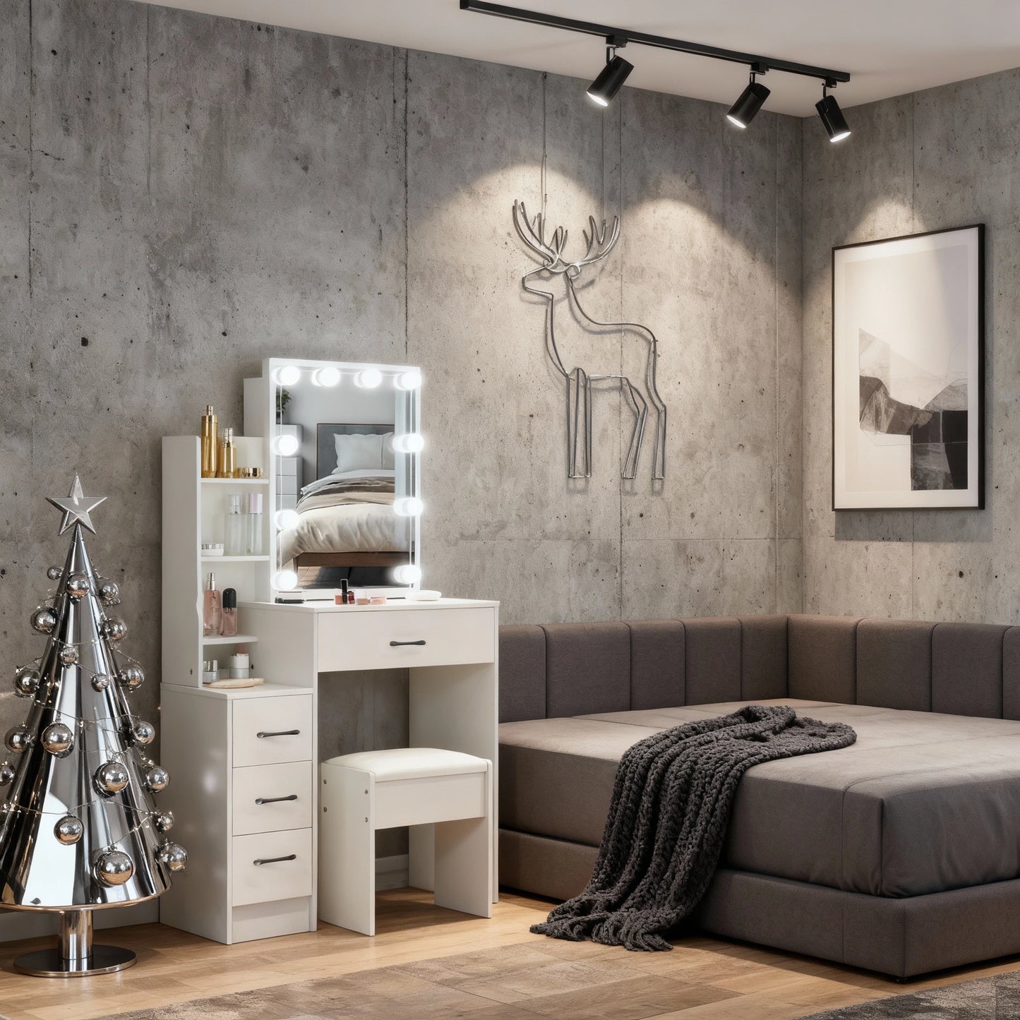 Sminkbord med LED-spegel & Pall – Modern Design med Smart Förvaring (83 × 36 × 139 cm)