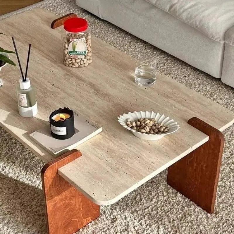 ☕ Nordiskt Soffbord – Rektangulärt Bord i Massivt Trä & Stenfinish