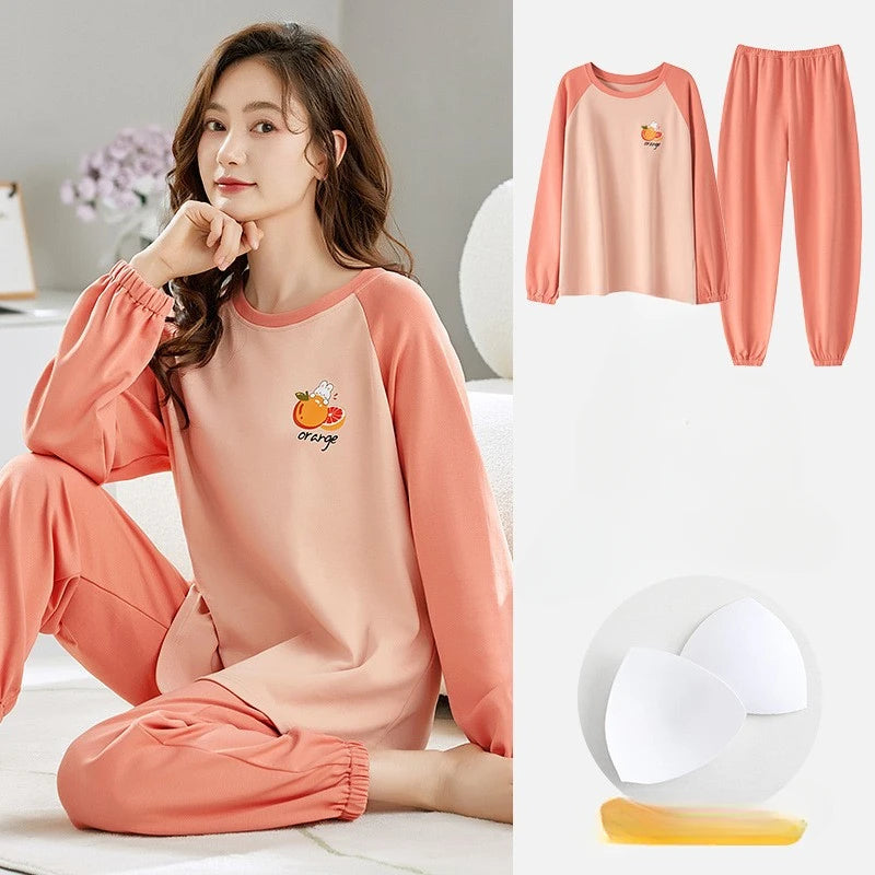 🌸 Koreansk Pyjamas för Kvinnor – Blommigt Tryck – Bomullsblandning med Korsett – Långärmad & Långbyxor