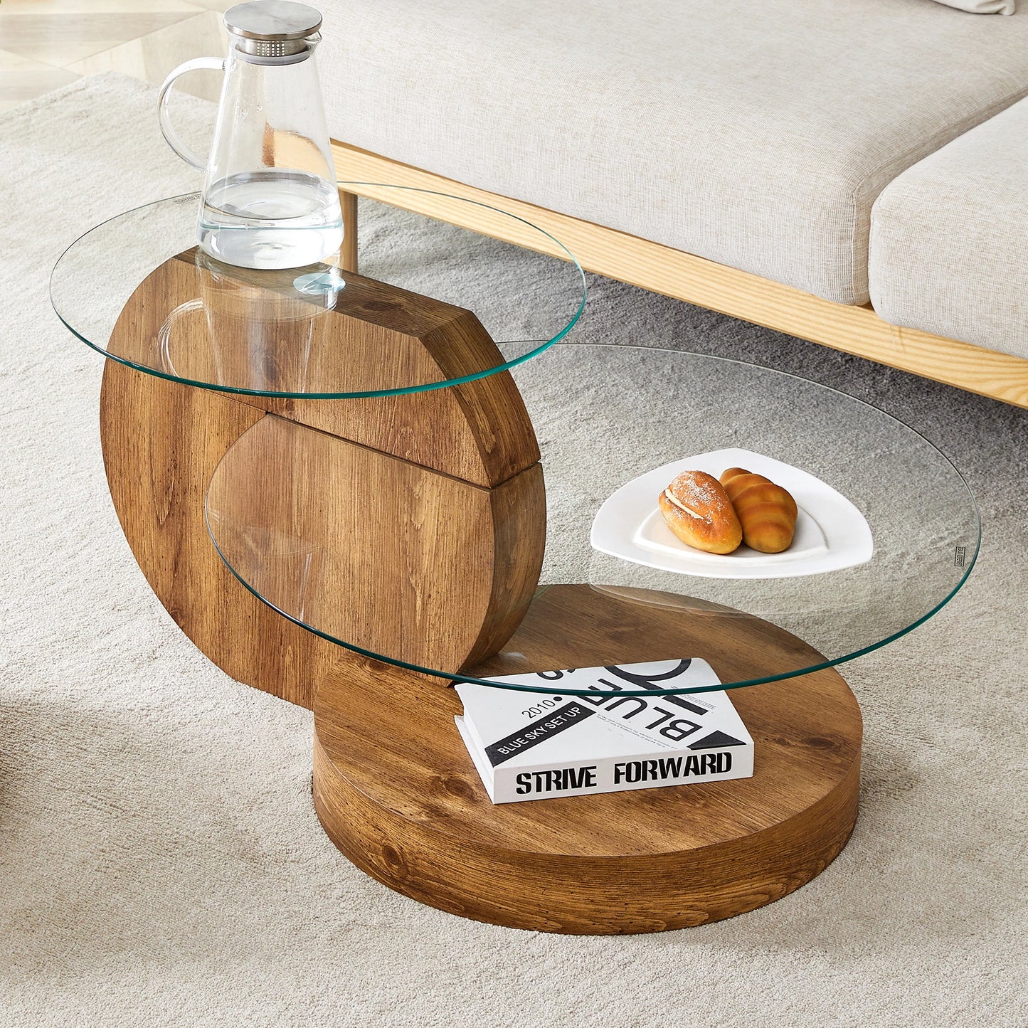 đȘ Minimalistiskt Runt Soffbord i Glas â Flerlagersdesign med TrĂ€struktur â För Vardagsrum & Kontor