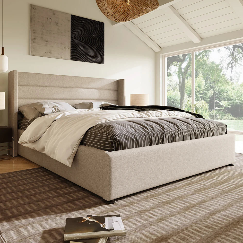 KOMHTOM Förvaringssäng 140×200 cm – Beige Linne