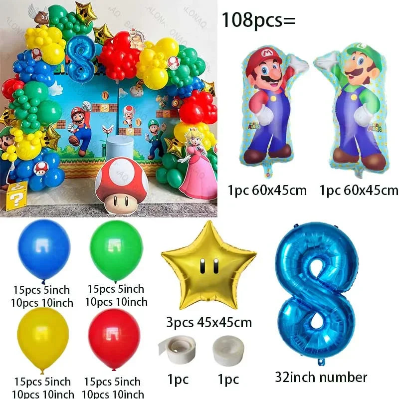 đ Ballongkit 108-pack â Super Bros Mario Tema â Röd, Gul, BlĂ„, Grön â För Barnkalas