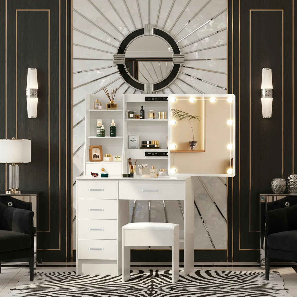 Sminkbord med LED-spegel & Vit Pall – Modern Stil för Sovrummet | 11.11 Kampanj