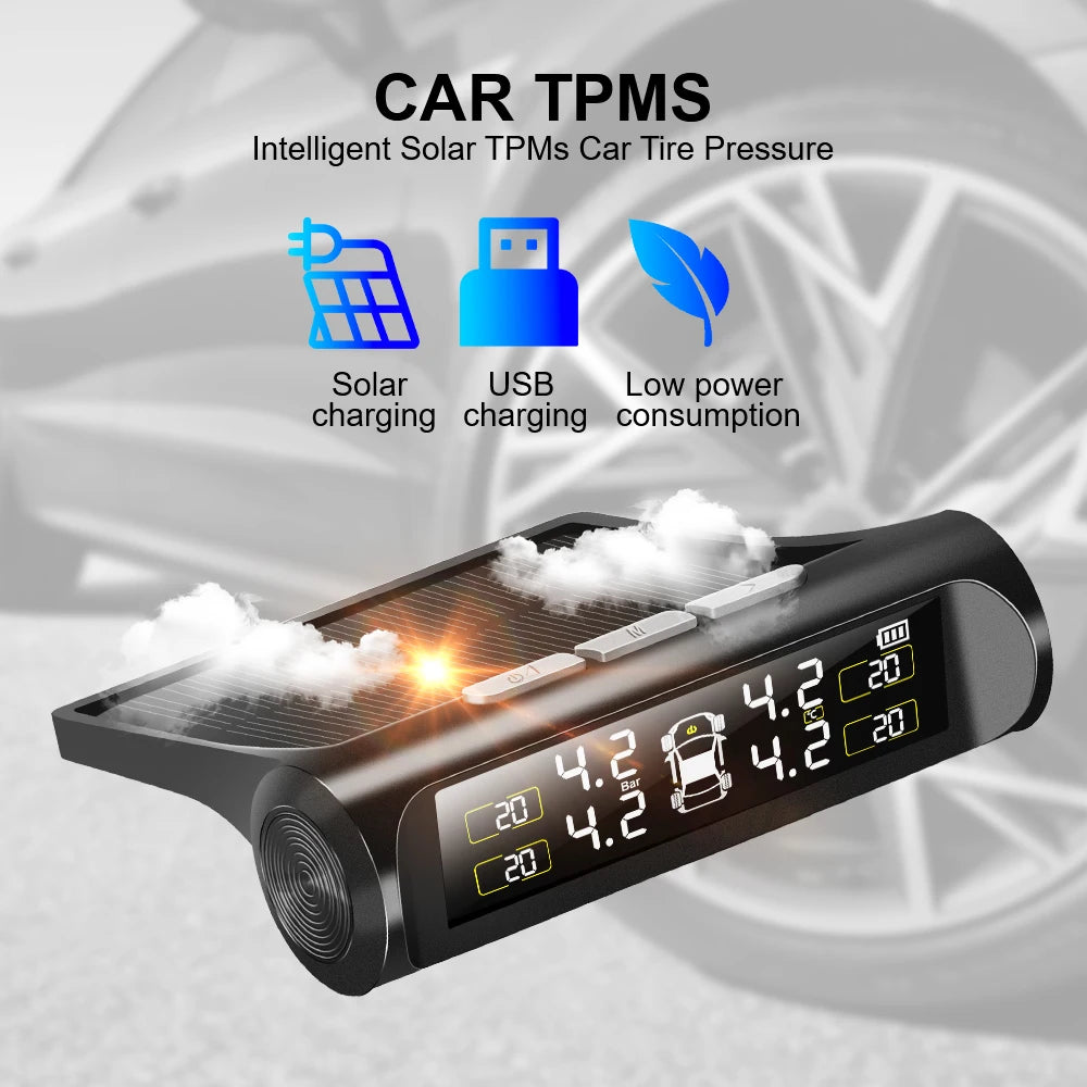 TPMS Däcktrycksövervakningssystem – Solcellsdriven med LCD-display & säkerhetslarm