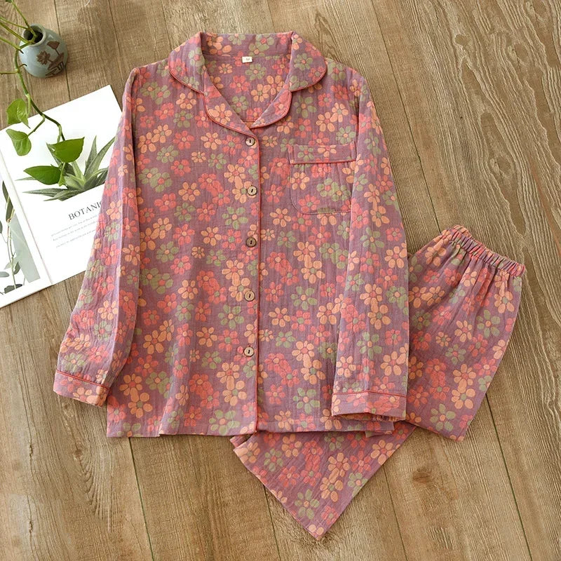 🌸 Elegant Pyjamas för Kvinnor – 100% Bomullskrepp – Blommigt Tryck – Vår & Sommar – 2-delad Set