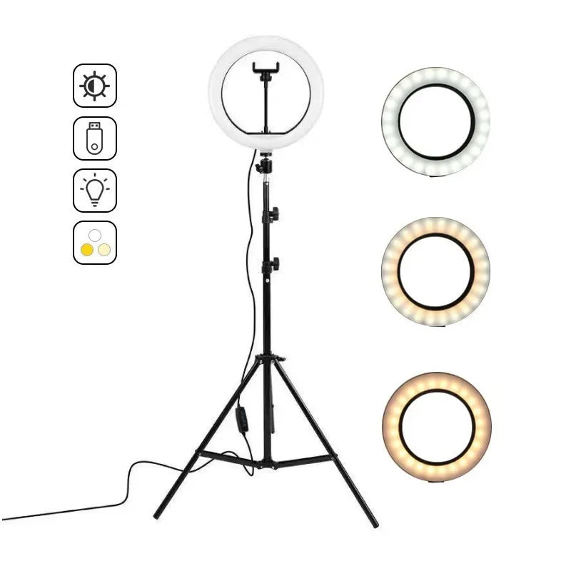LED Ringljus med Stativ – 16/26/30 cm – USB – 10 Ljuslägen – För Makeup & Video