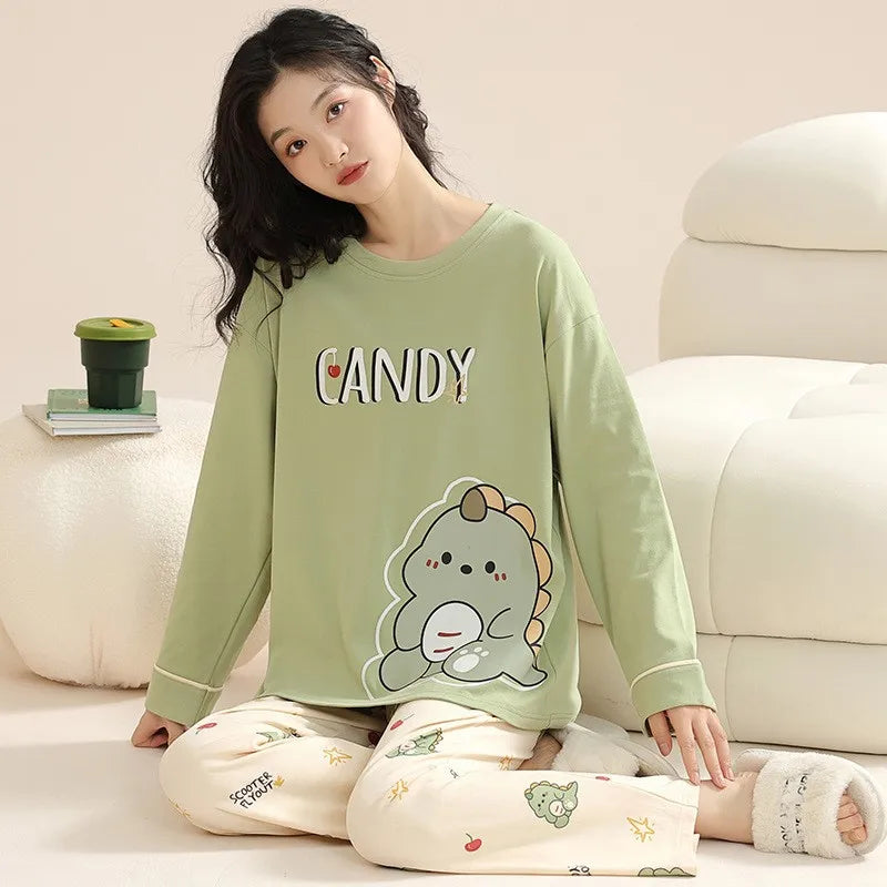 🛌 100% Kammad Bomull Pyjamas för Kvinnor – Höst/Vinter – Söt Tecknad Design – Långärmad & Långbyxor