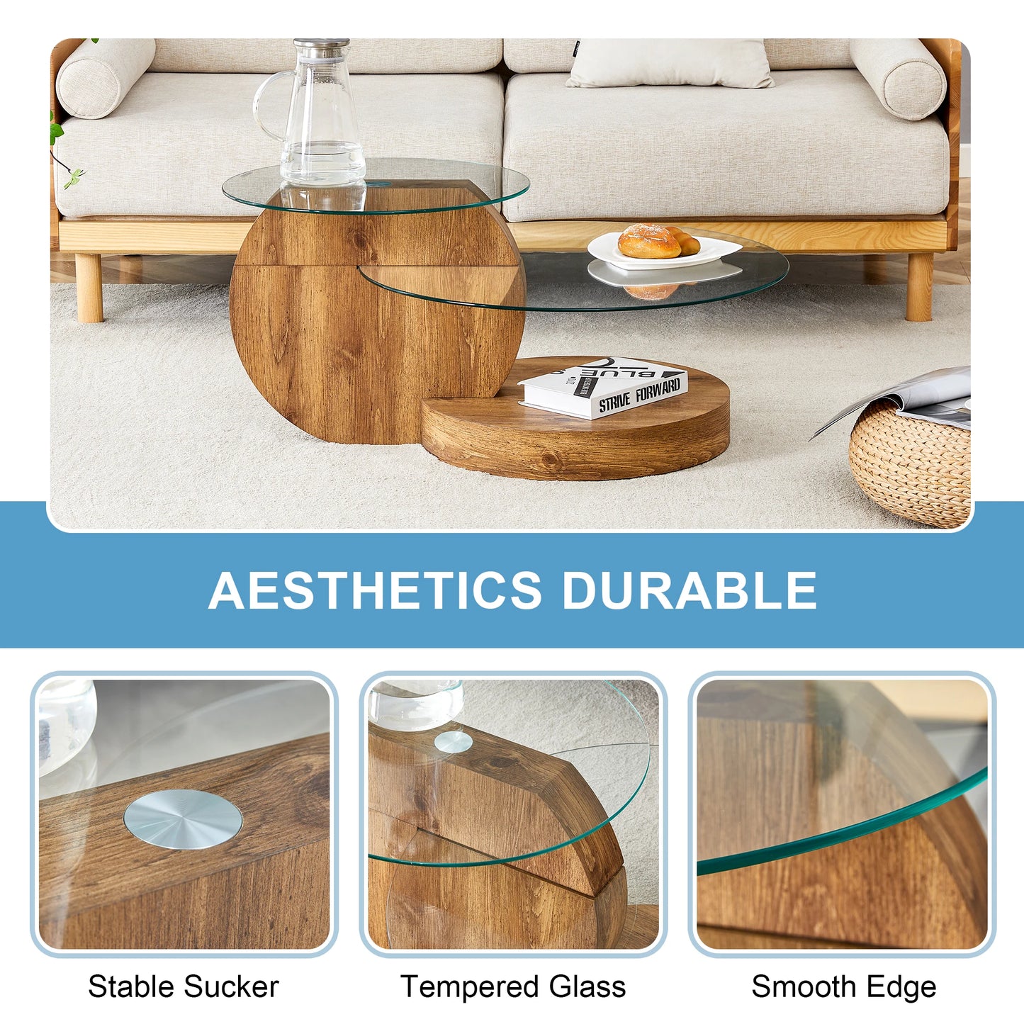 đȘ Minimalistiskt Runt Soffbord i Glas â Flerlagersdesign med TrĂ€struktur â För Vardagsrum & Kontor