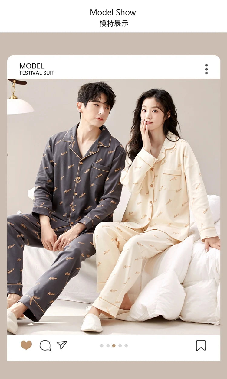 100% Bomull Parpyjamas – Höst/Vinter – Långärmad & Lös Passform – Koreansk Stil