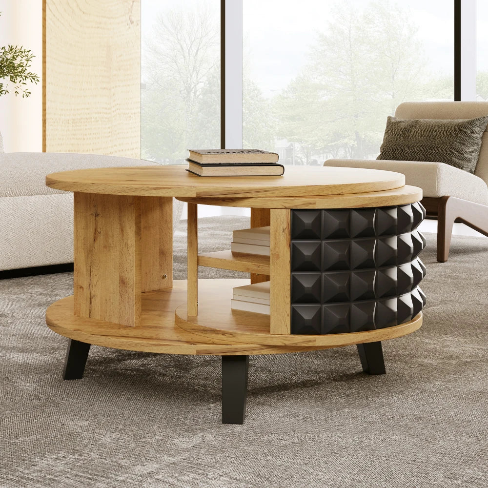 Roterbart Soffbord 2-i-1 – Med Dold Hylla – Modern Design i Trä & Svart – 85.2×80×45.2 cm
