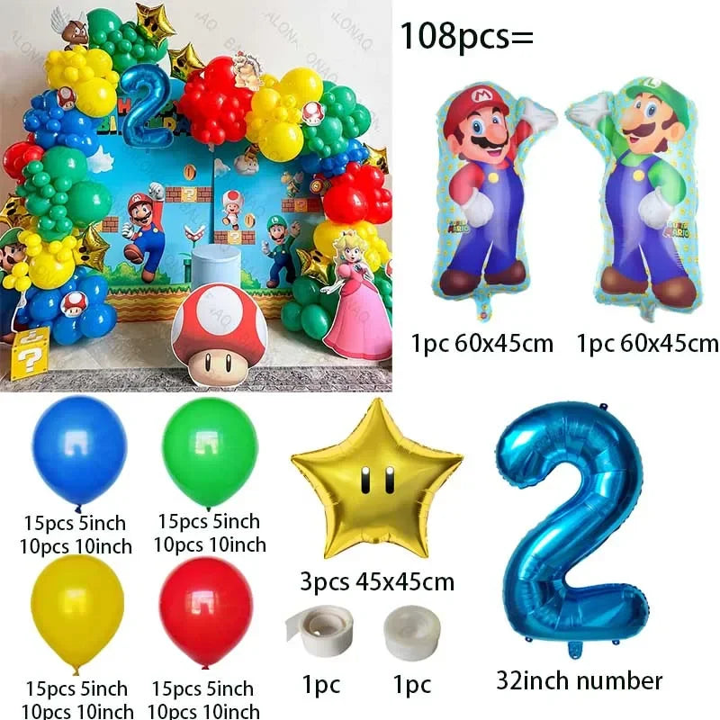 đ Ballongkit 108-pack â Super Bros Mario Tema â Röd, Gul, BlĂ„, Grön â För Barnkalas