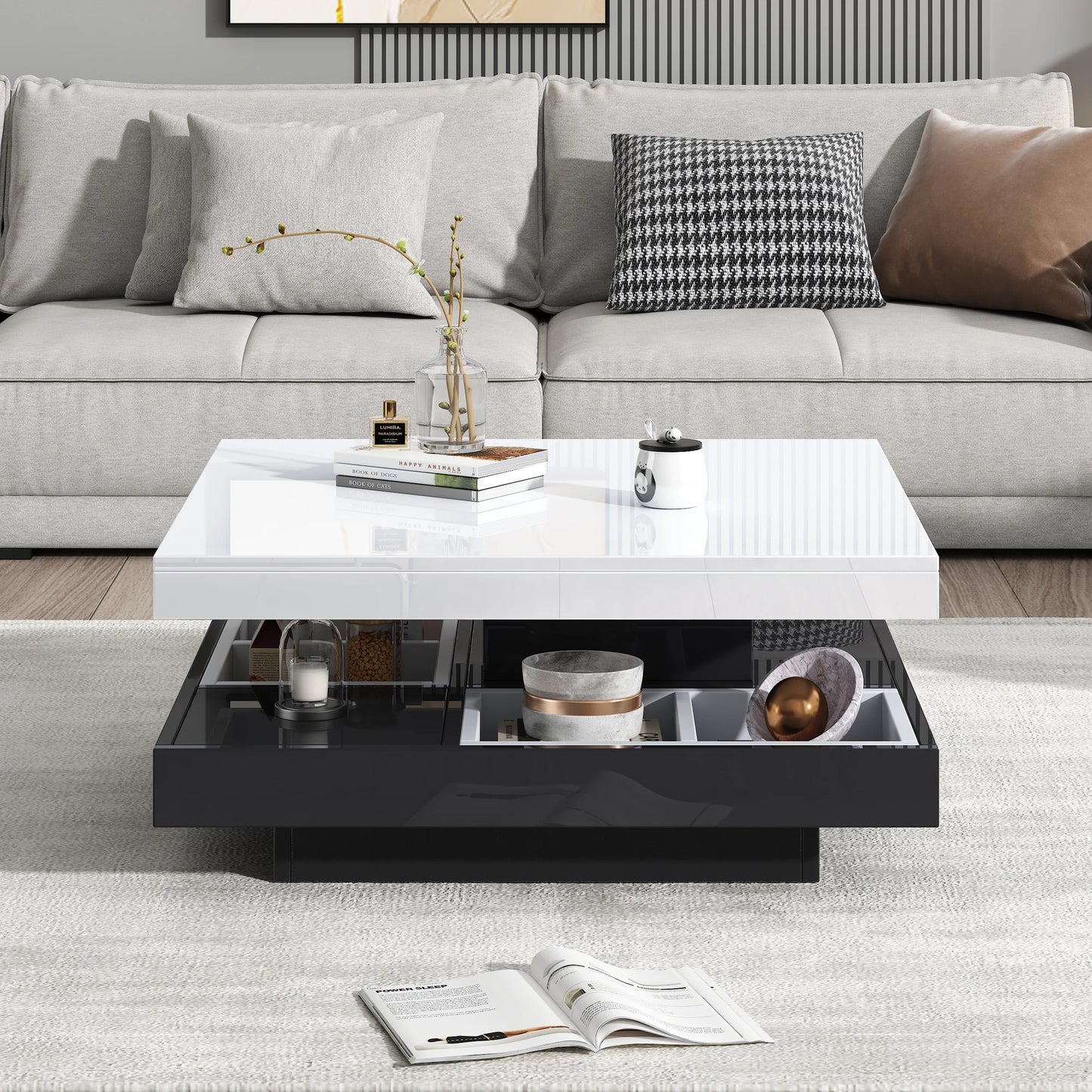 Roterbart Soffbord med Högblank Yta – Elegant & Funktionellt i Två Nivåer