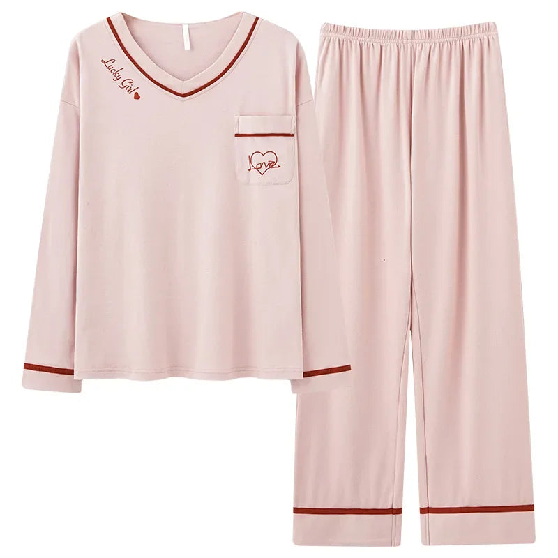 🛌 100% Kammad Bomull Pyjamas för Kvinnor – Höst/Vinter – Söt Tecknad Design – Långärmad & Långbyxor