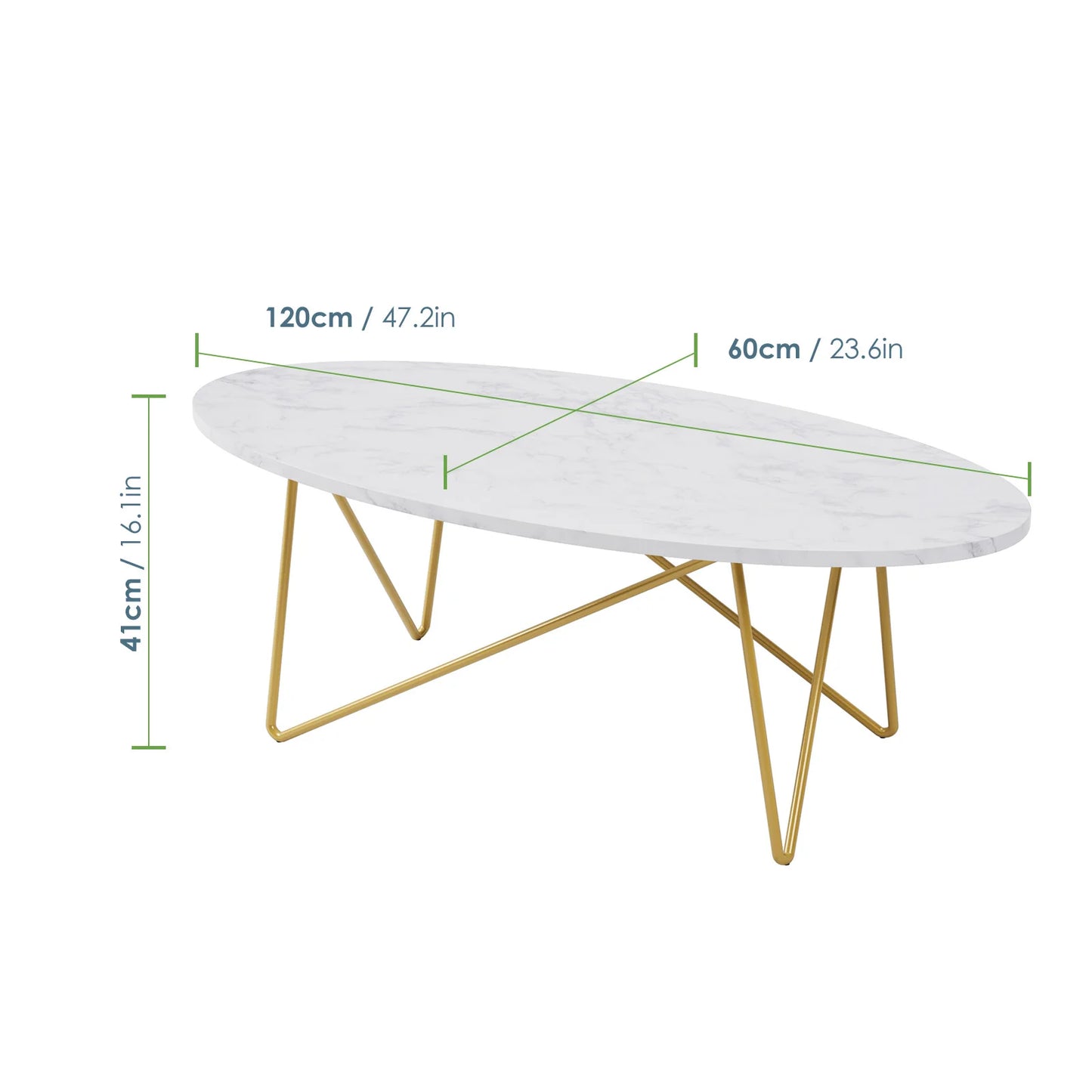 Getone Marmorbord – Oval Soffbord med Guldben – 120×60×41 cm – Vit & Marmorlook