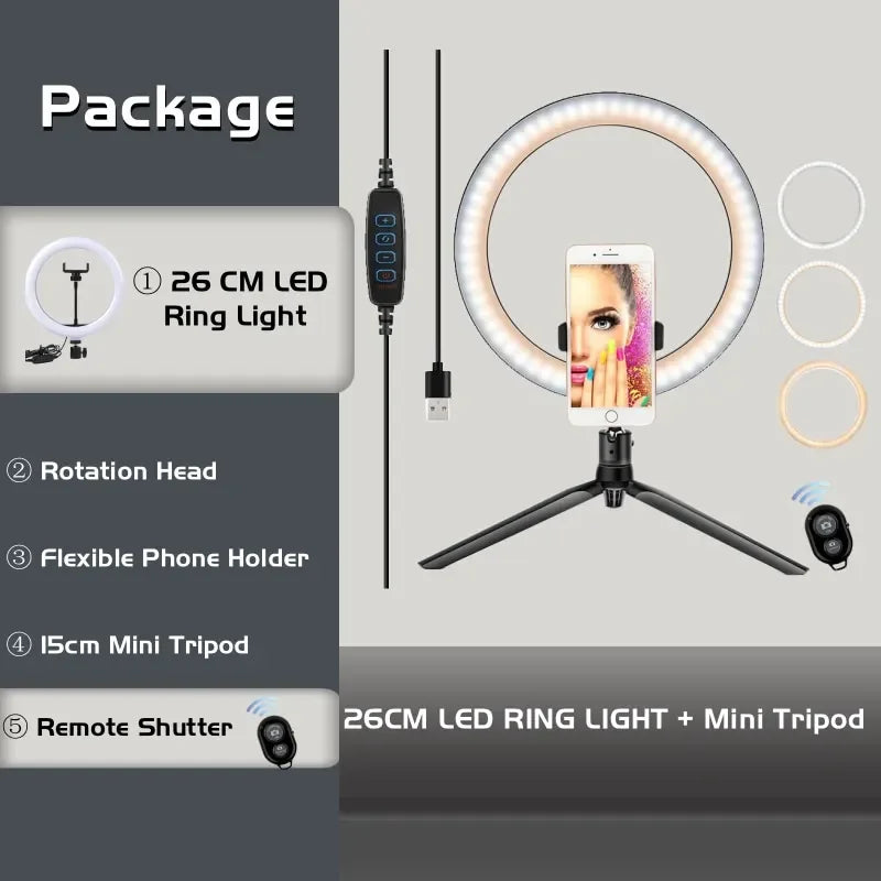 LED Ringljus med Stativ – 16/26/30 cm – USB – 10 Ljuslägen – För Makeup & Video