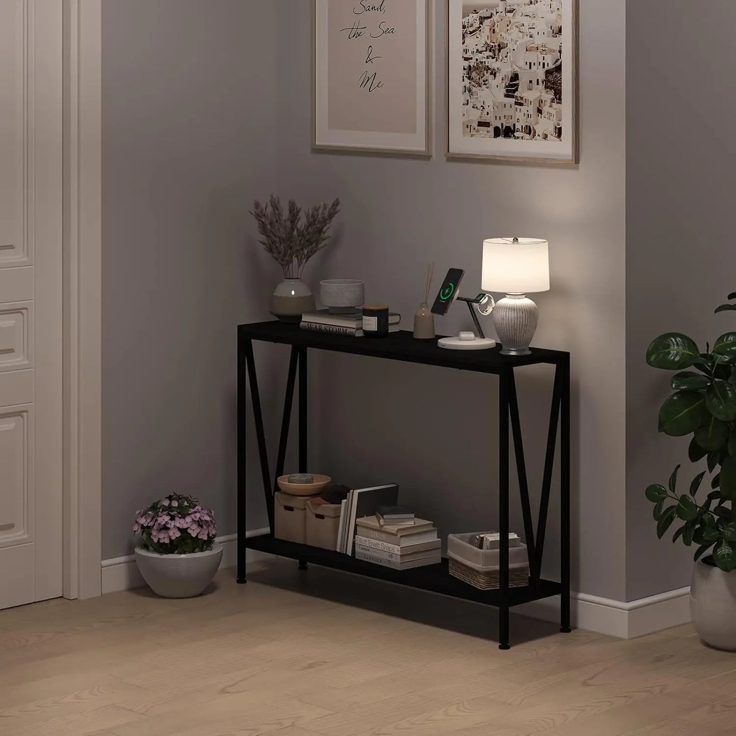 2-Vånings Konsolbord – Smal Design med V-Stöd – 109×25×76 cm – Svart / Retro