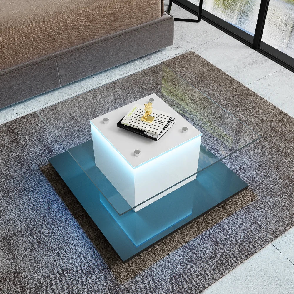Modern Mobil Kaffebord med LED – Högblank Glasdesign – Svart & Vit – För Vardagsrum
