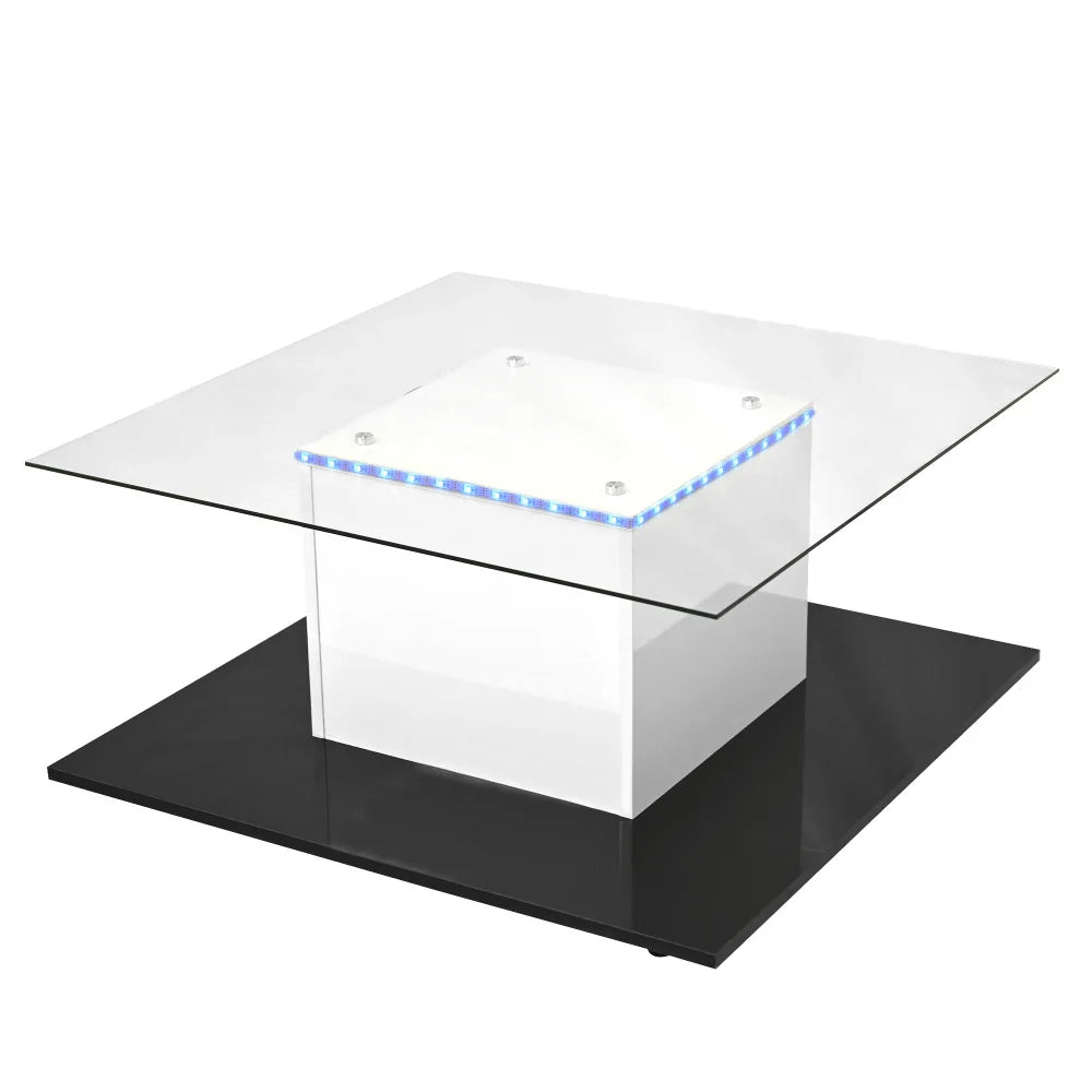 Modern Mobil Kaffebord med LED – Högblank Glasdesign – Svart & Vit – För Vardagsrum