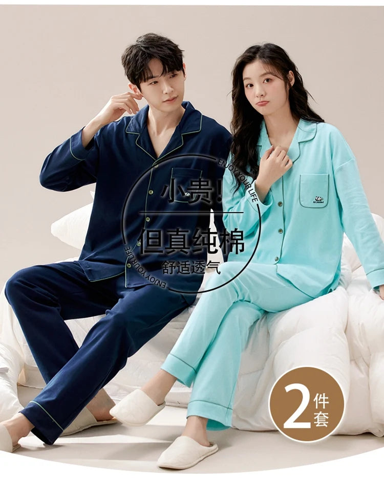 100% Bomull Parpyjamas – Höst/Vinter – Långärmad & Lös Passform – Koreansk Stil