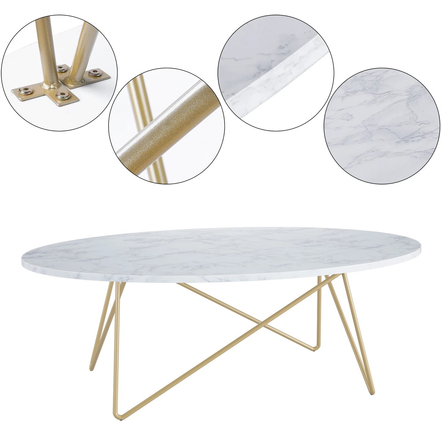 Getone Marmorbord – Oval Soffbord med Guldben – 120×60×41 cm – Vit & Marmorlook