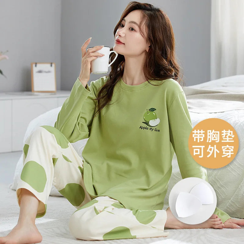 🌸 Koreansk Pyjamas för Kvinnor – Blommigt Tryck – Bomullsblandning med Korsett – Långärmad & Långbyxor