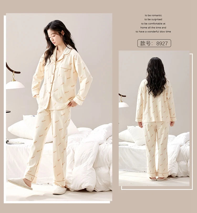 100% Bomull Parpyjamas – Höst/Vinter – Långärmad & Lös Passform – Koreansk Stil