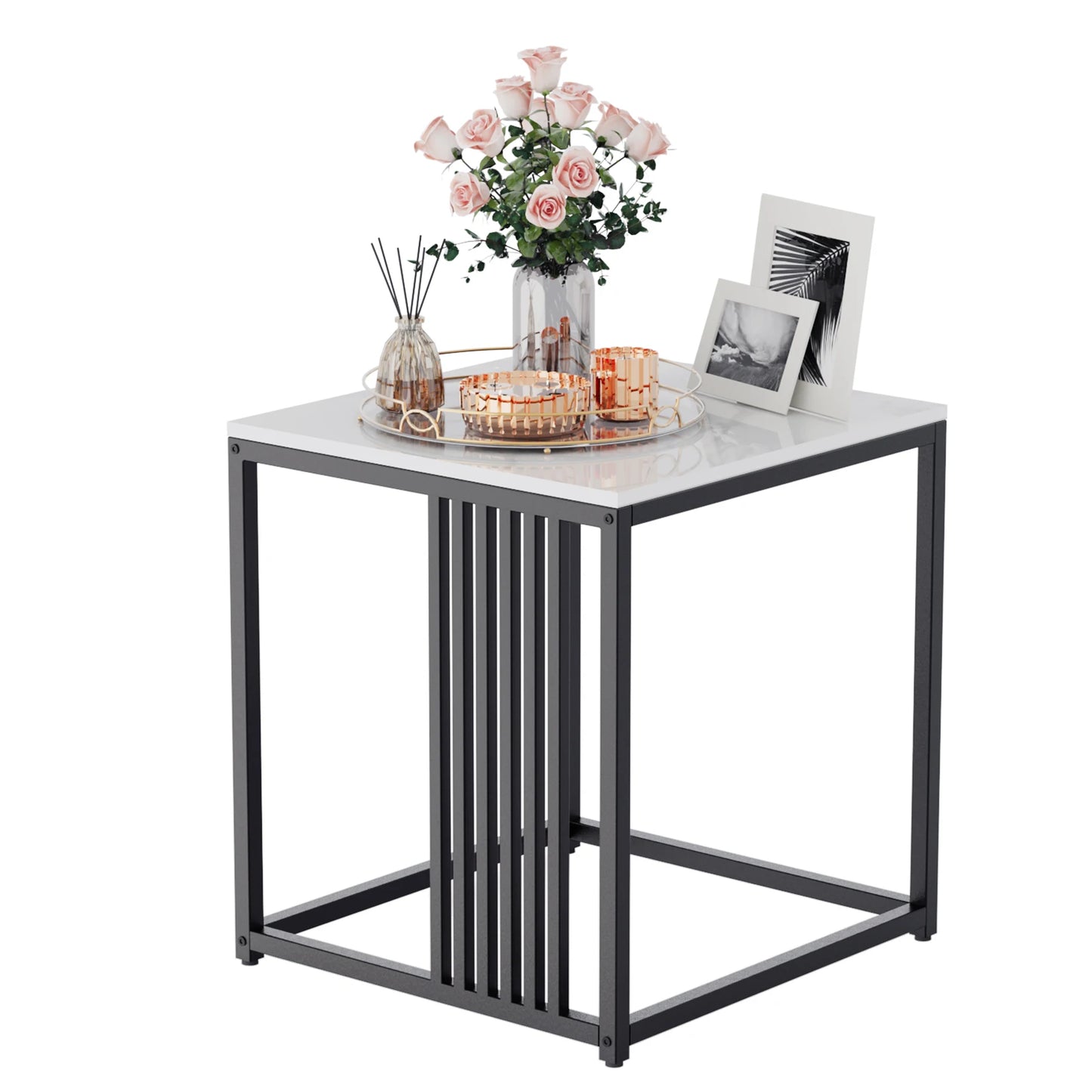 đȘ BINGOPAW Sidobord i Marmorlook â 40Ă40Ă45 cm â Vit & Svart â Modern Minimalistisk Design