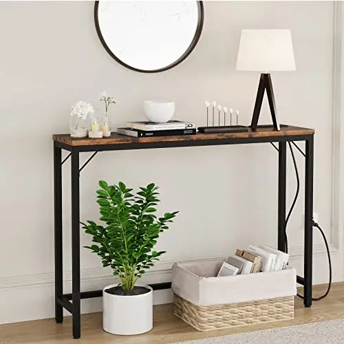đ Smalt Konsolbord med Eluttag & USB â 100Ă23Ă80 cm â Vintage Brun/GrĂ„ â För Hall & Vardagsrum