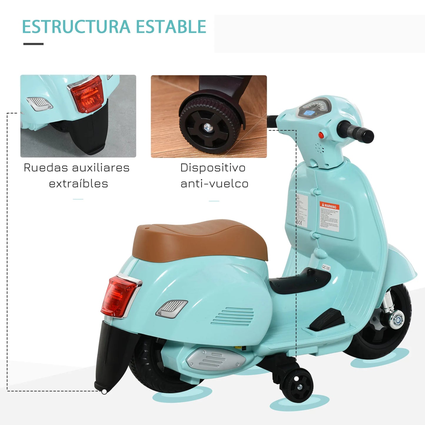 đ” HOMCOM Elektrisk Vespa för Barn â 18â36 MĂ„nader â Med StrĂ„lkastare & Tuta â 66.5Ă38Ă52 cm