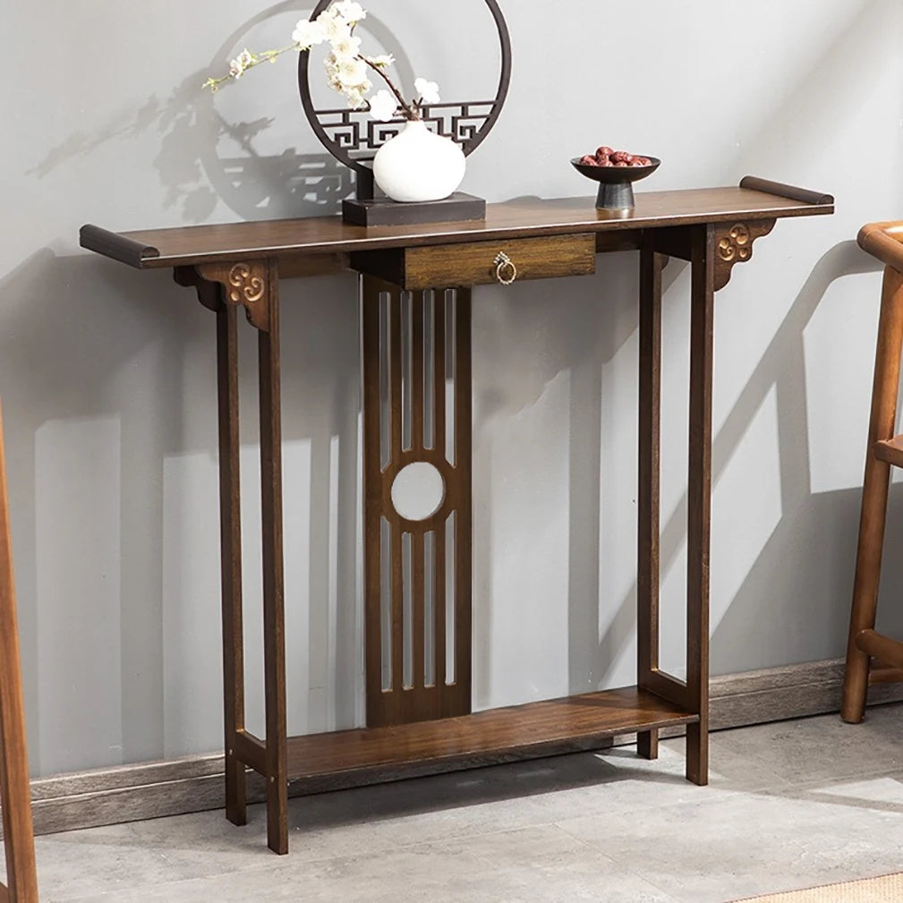 Klassisk Kinesisk Konsolbord – Bambumaterial – Med Låda & Hylla – 81.5×31.2×82.8 cm