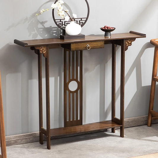 Klassisk Kinesisk Konsolbord – Bambumaterial – Med Låda & Hylla – 81.5×31.2×82.8 cm